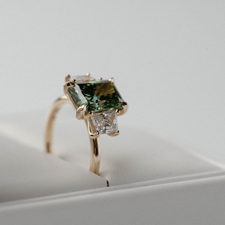 3.0CT Fancy Green Radiant Diamond Three Stone Lab Grown Engagement Ring