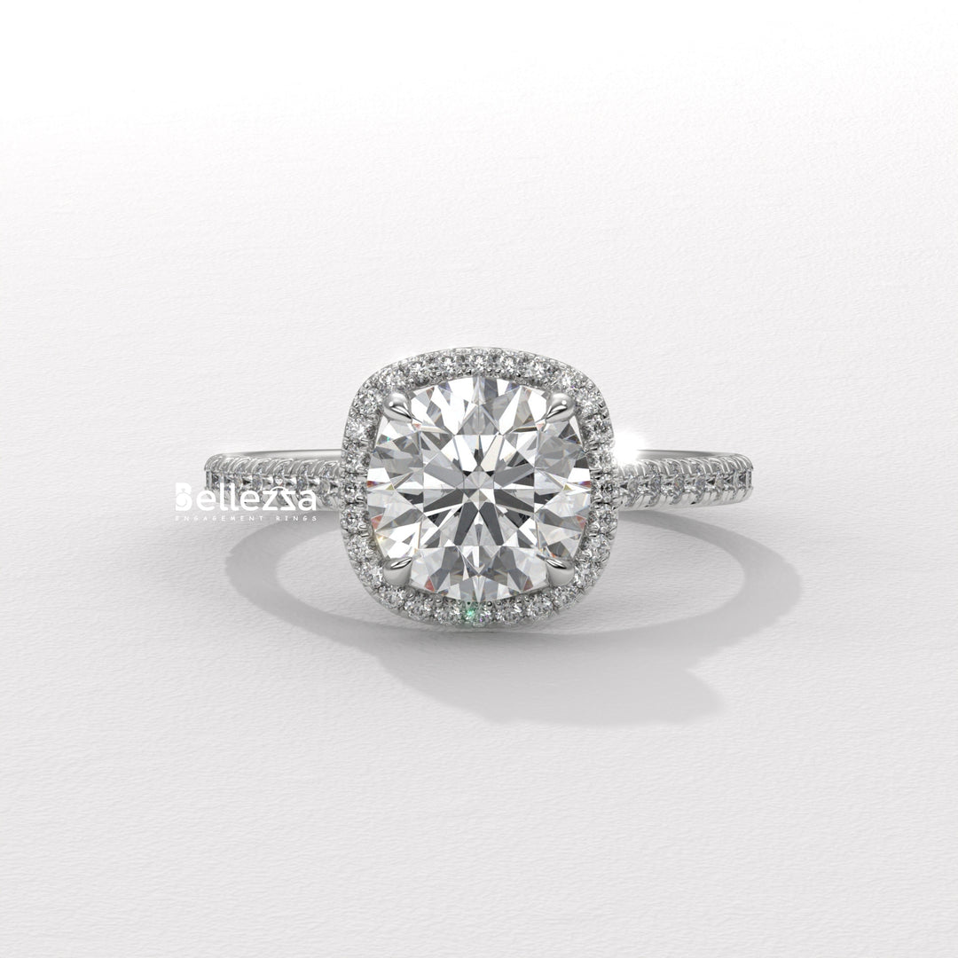 1.0-2.0CT Round Cut Halo Pave Setting Lab Grown Diamond Engagement Ring