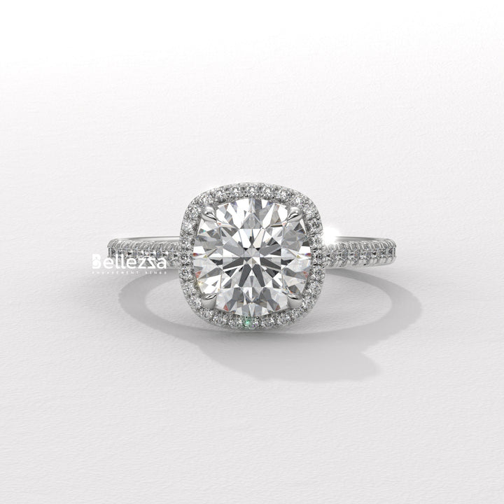 1.0-2.0CT Round Cut Halo Pave Setting Lab Grown Diamond Engagement Ring
