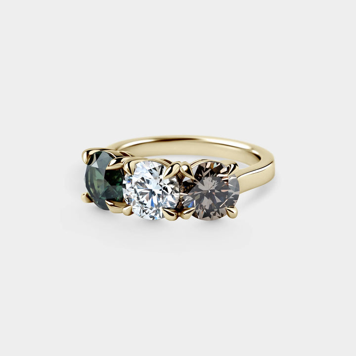 Round Diamond Three Stone White, Champagne & Green Sapphire Lab Grown Ring