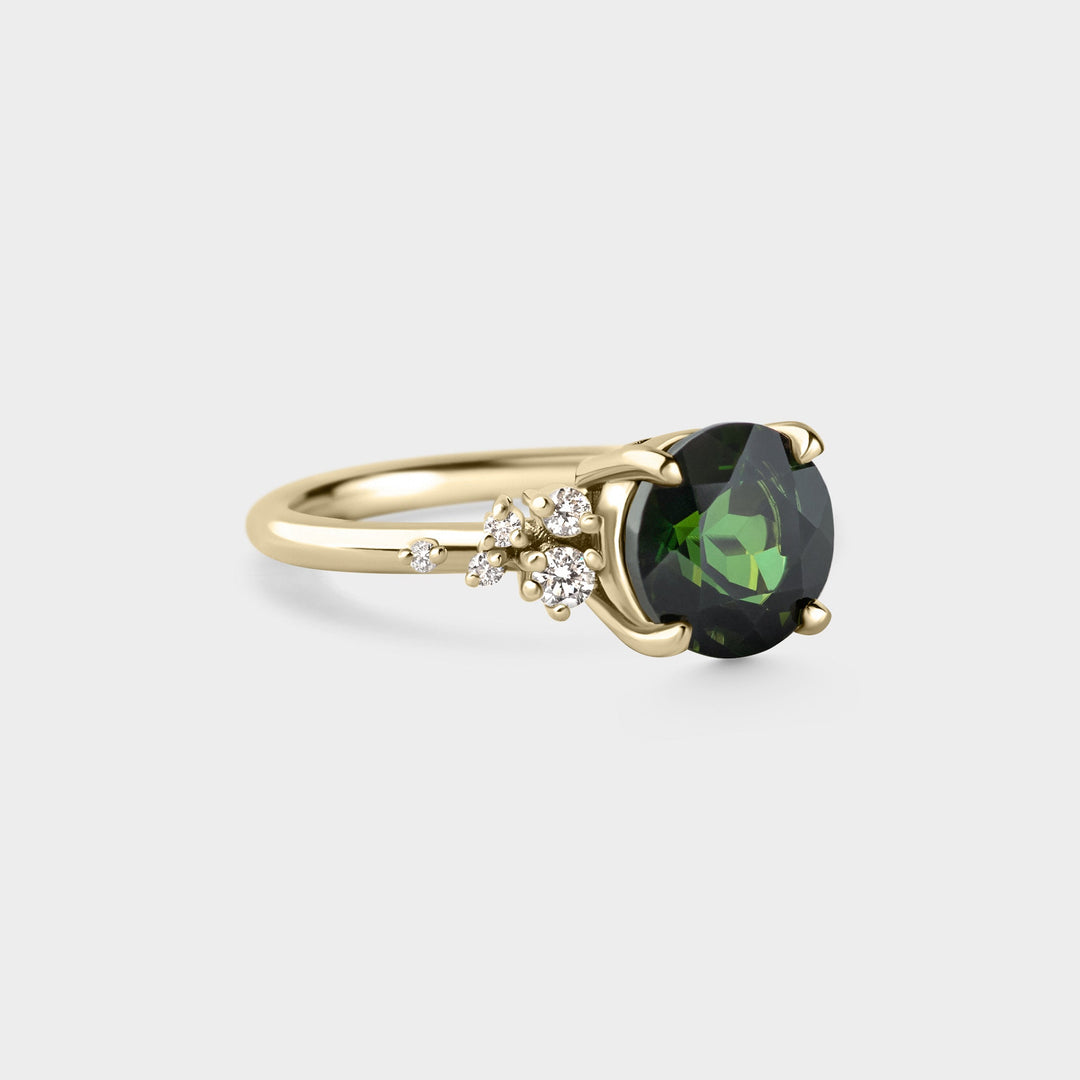 2.0CT Dark Green Tourmaline Round Cut Cluster Diamond Lab Grown Engagement Ring