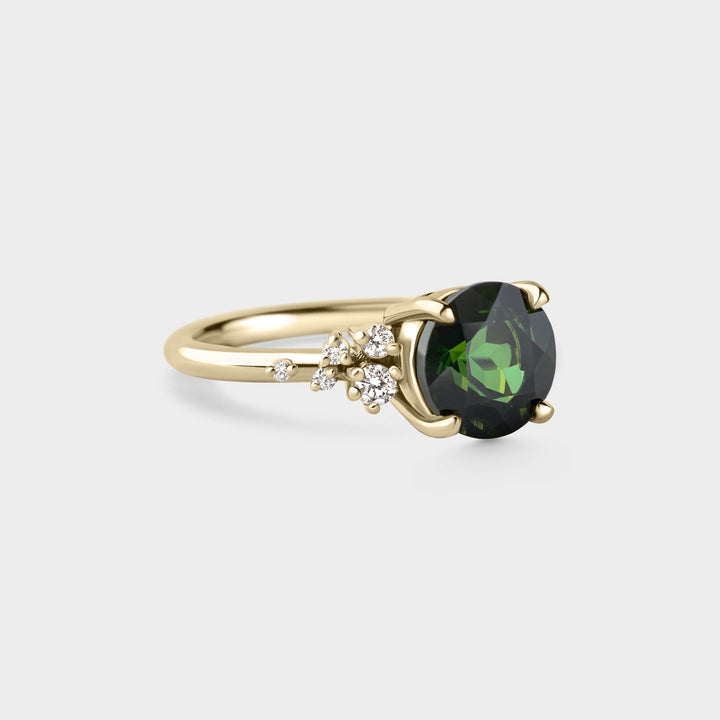 2.0CT Dark Green Tourmaline Round Cut Cluster Diamond Lab Grown Engagement Ring