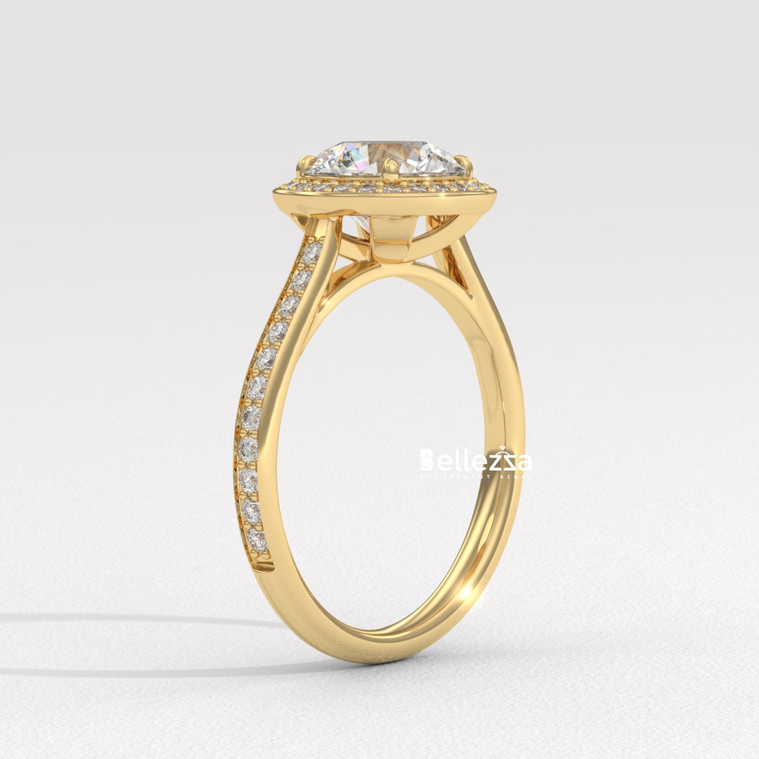 1.0-2.0CT Round Cut CVD Diamond Halo Pave Setting Engagement Ring