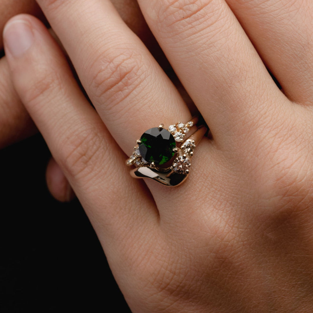 2.0CT Dark Green Tourmaline Round Cut Cluster Diamond Lab Grown Engagement Ring