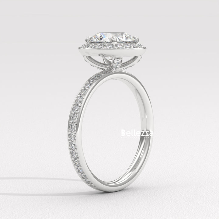 1.50-2.50CT Round Cut CVD Diamond Halo Pave Setting Engagement Ring
