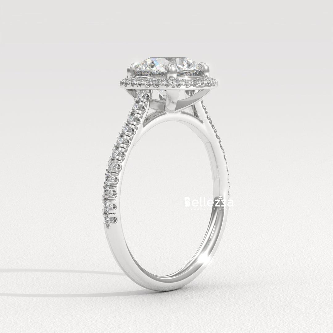 1.0-2.0CT Round Cut Halo Pave Setting Lab Grown Diamond Engagement Ring
