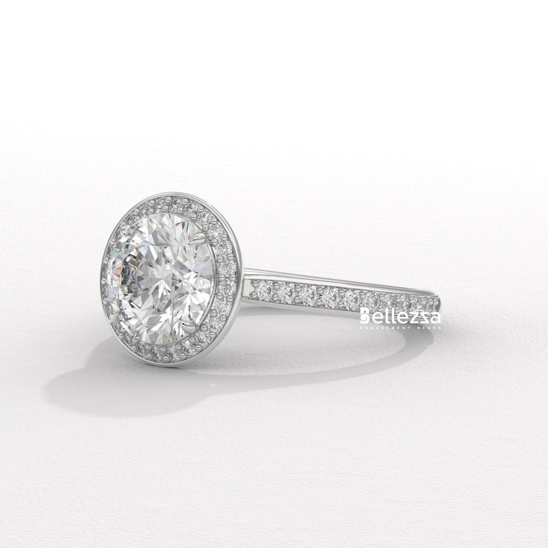 1.0-2.0CT Round Cut CVD Diamond Halo Pave Setting Engagement Ring