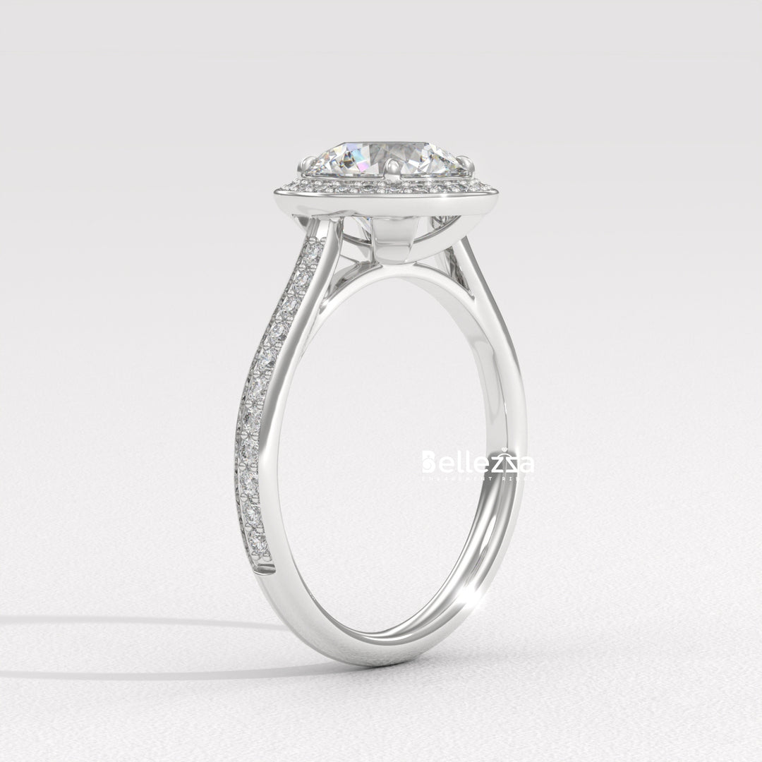 1.0-2.0CT Round Cut CVD Diamond Halo Pave Setting Engagement Ring