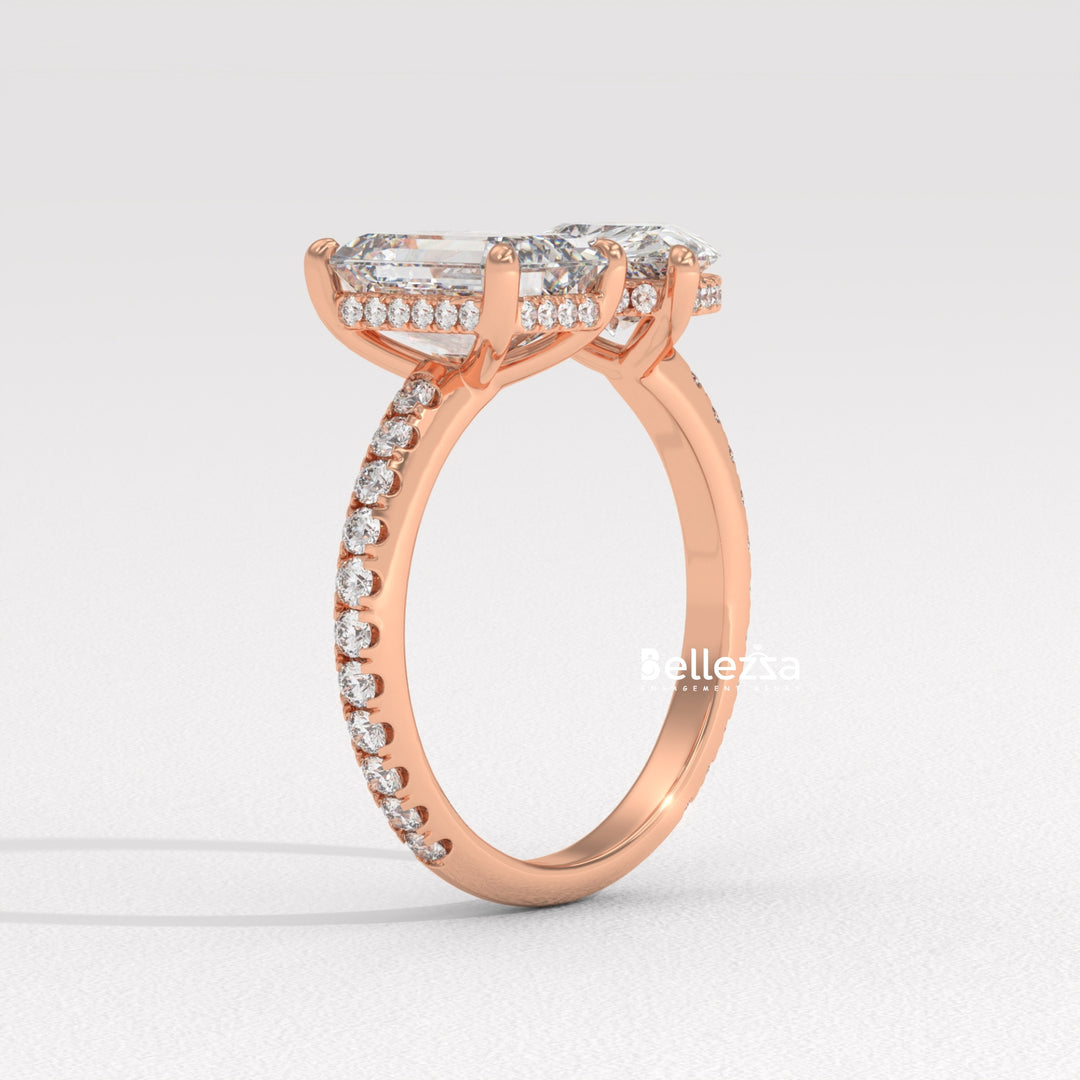 1.0CT Pear & Emerald Cut Hidden Halo Open Style Two Stone Lab Grown Ring