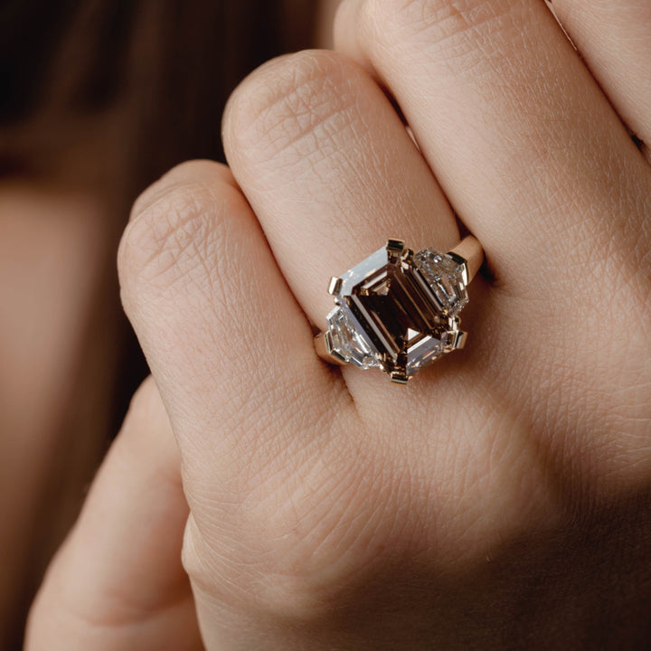 6.0CT Fancy Brown Emerald Cut Three Stone Knife Edge Lab Grown Engagement Ring