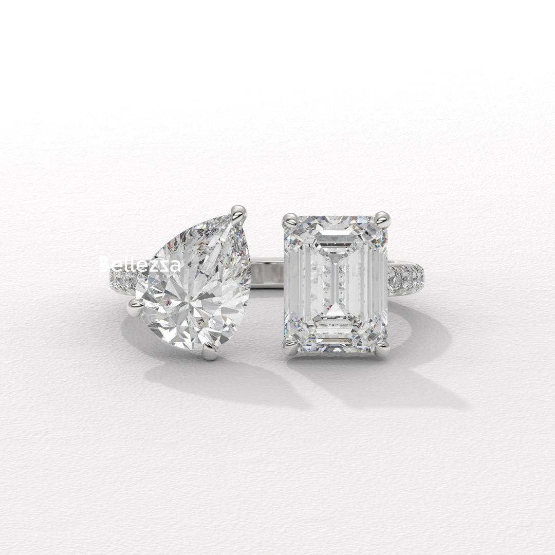 1.0CT Pear & Emerald Cut Hidden Halo Open Style Two Stone Lab Grown Ring
