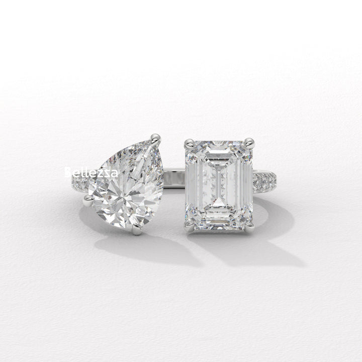 1.0CT Pear & Emerald Cut Hidden Halo Open Style Two Stone Lab Grown Ring