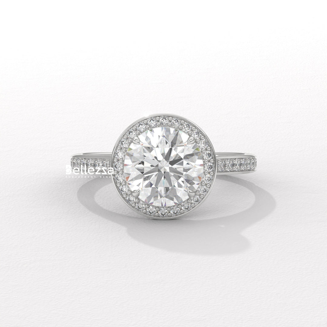 1.0-2.0CT Round Cut CVD Diamond Halo Pave Setting Engagement Ring