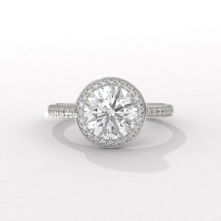 1.0-2.0CT Round Cut CVD Diamond Halo Pave Setting Engagement Ring