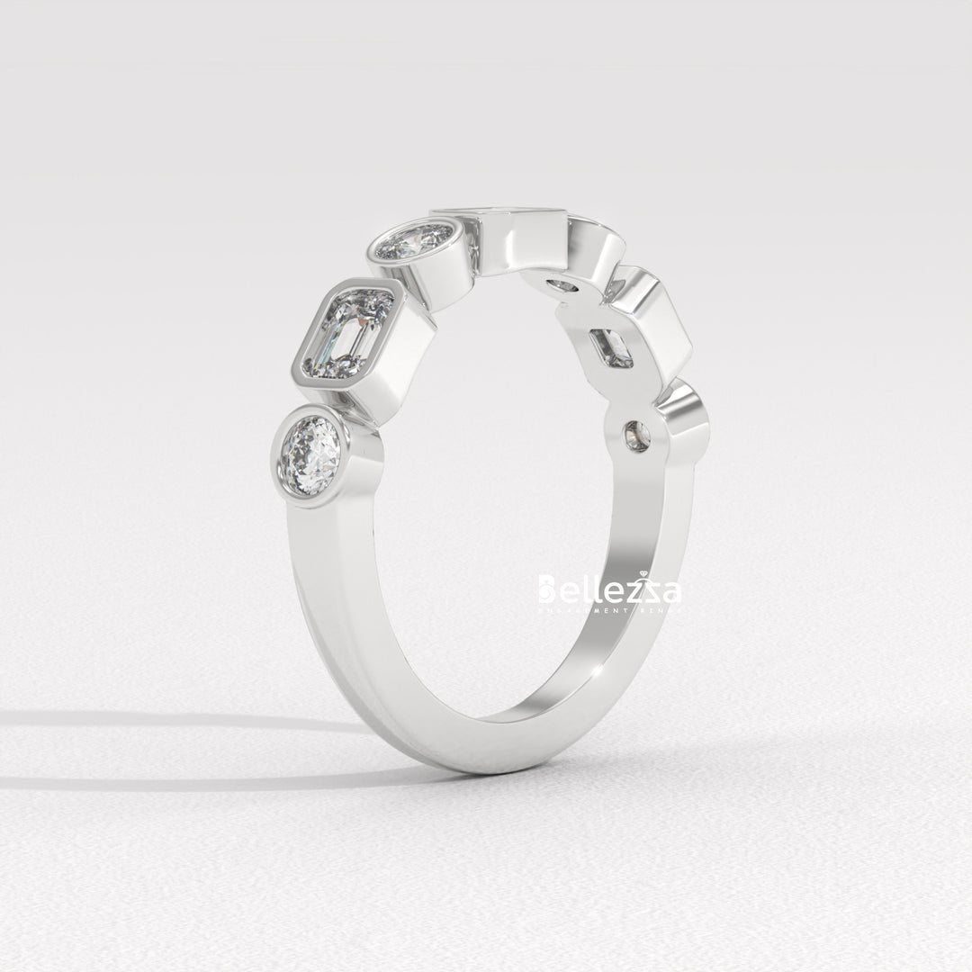 Round & Emerald Cut Diamond Half Eternity Lab Grown Wedding Band
