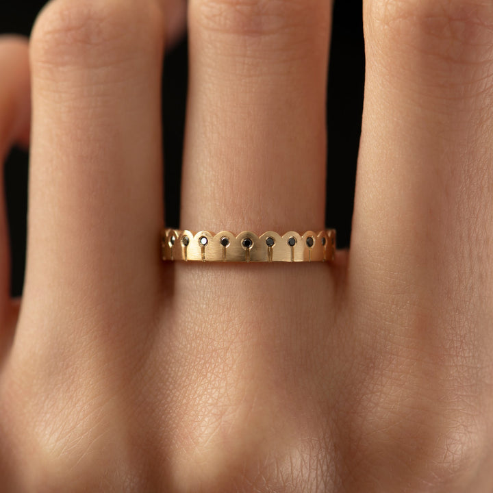Round Black Diamond Unique Matte Gold Stacking Lab Grown Wedding Band