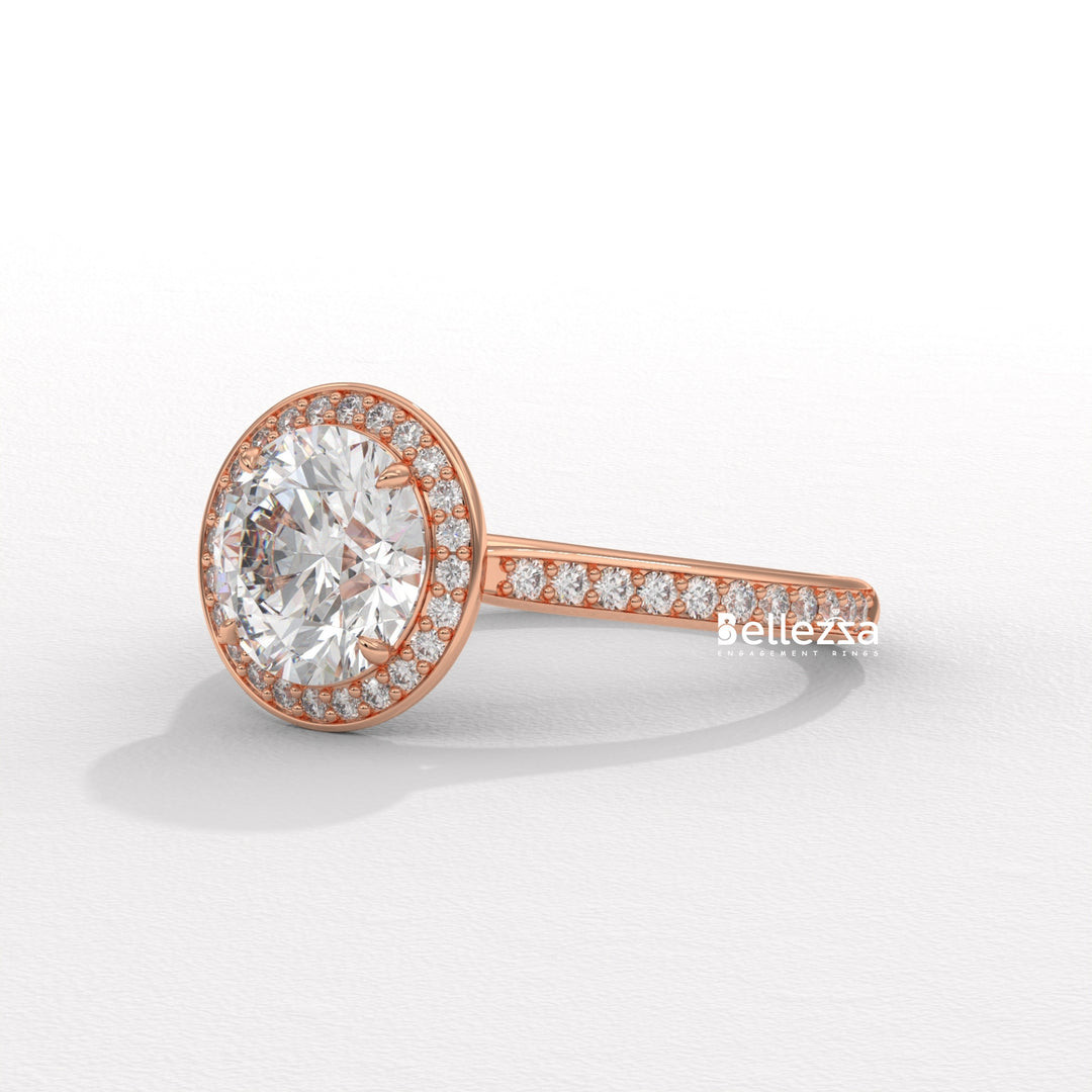 1.0-2.0CT Round Cut CVD Diamond Halo Pave Setting Engagement Ring