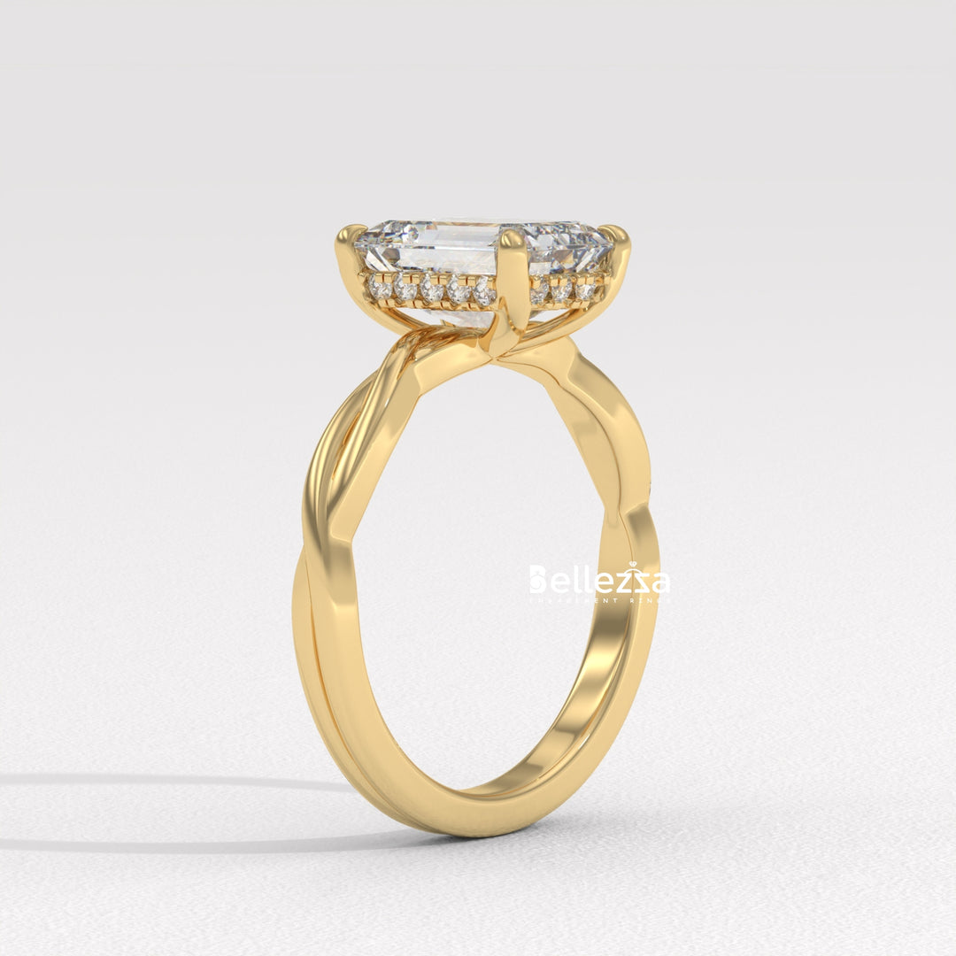 2.0-3.0CT Emerald Cut Twisted Hidden Halo Lab Grown Engagement Ring