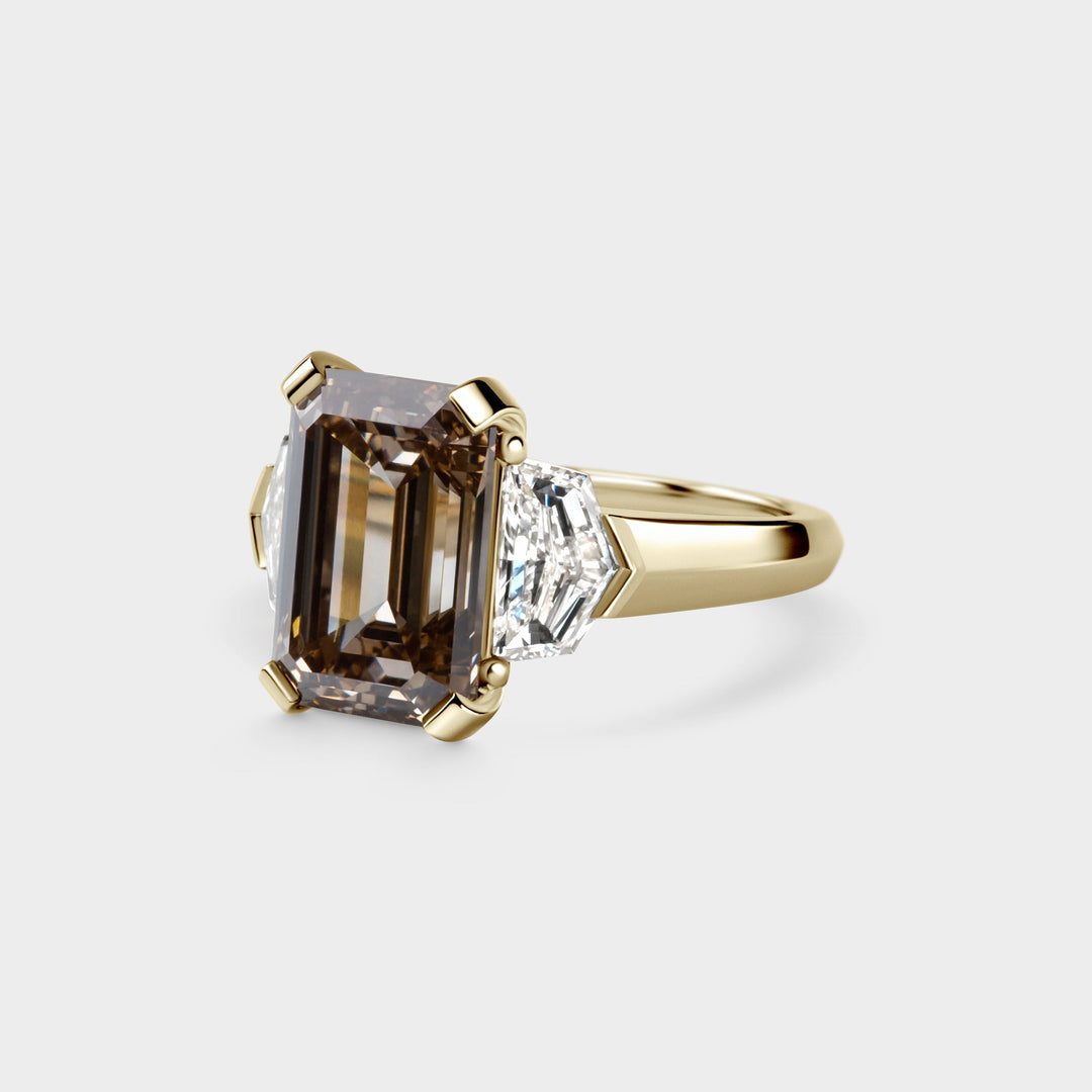 6.0CT Fancy Brown Emerald Cut Three Stone Knife Edge Lab Grown Engagement Ring