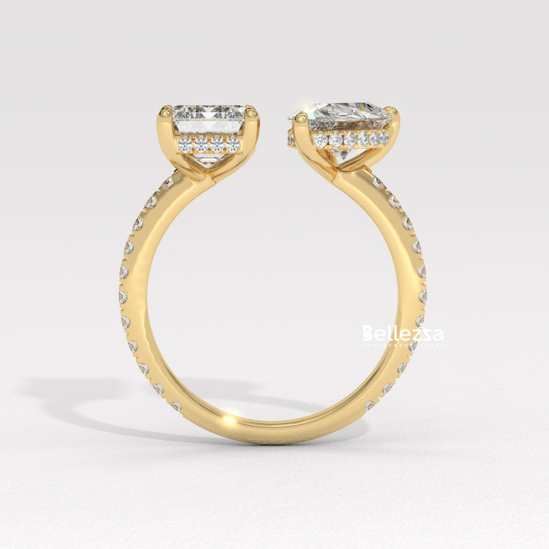 1.0CT Pear & Emerald Cut Hidden Halo Open Style Two Stone Lab Grown Ring