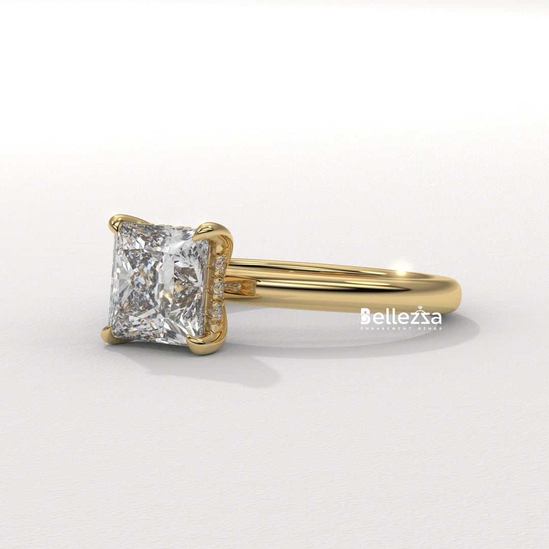 1.0-2.0CT Princess Cut CVD Diamond Hidden Halo Engagement Ring