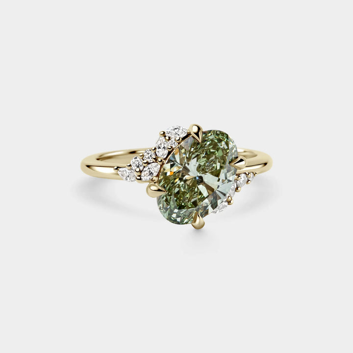 2.0CT Oval Cut Fancy Green Lab Grown Diamond Cluster Engagement Ring