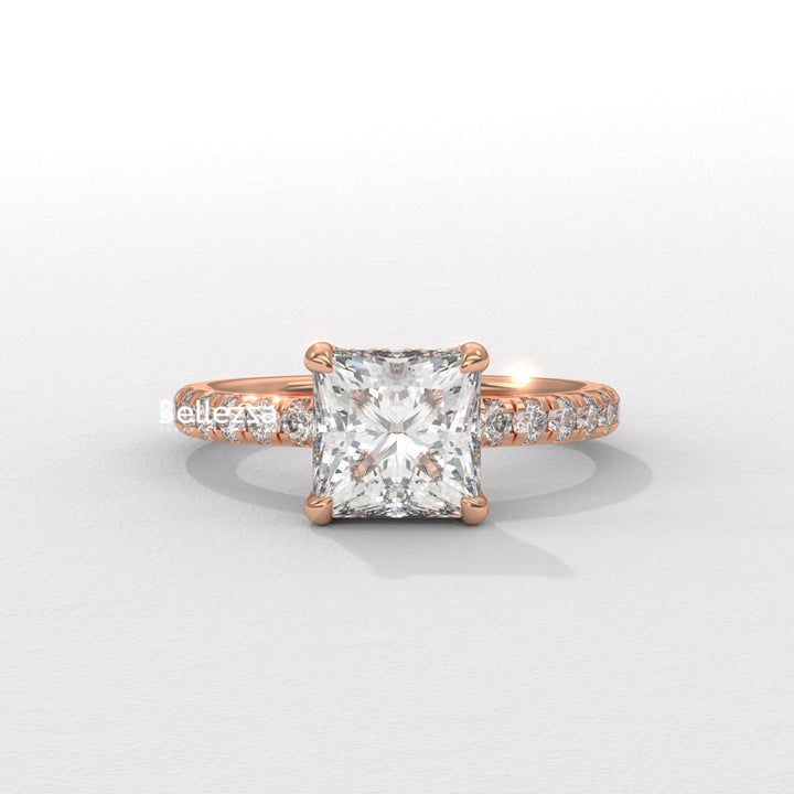 1.0-2.0CT Princess Cut CVD Diamond Pave Setting Engagement Ring