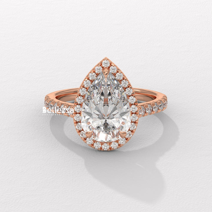 1.50-2.50CT Pear Cut CVD Diamond Halo Pave Setting Engagement Ring