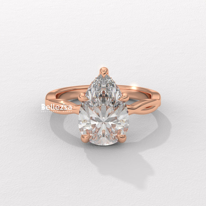 1.50-2.50CT Pear Cut Twisted Hidden Halo CVD Diamond Engagement Ring