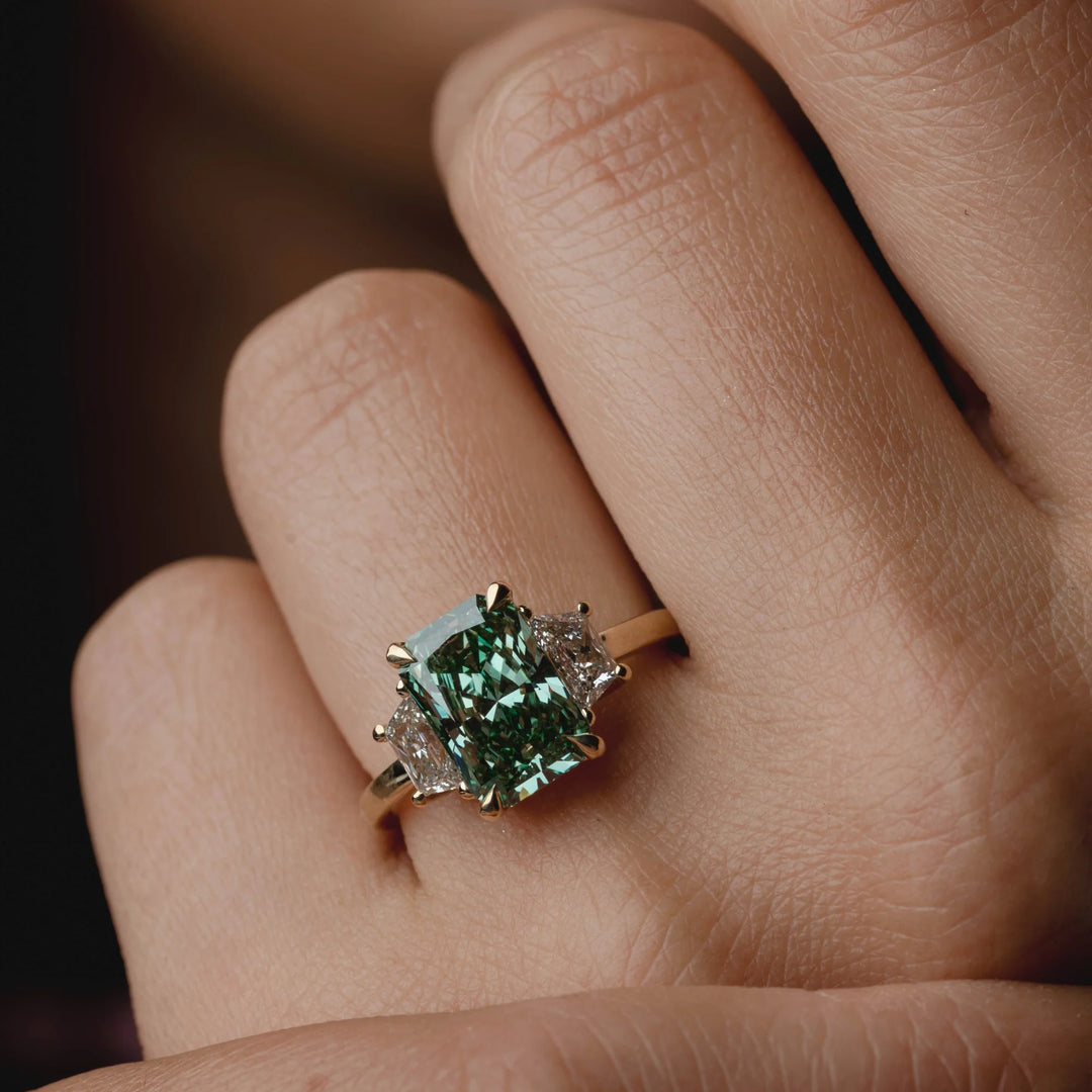 3.50CT Fancy Green Radiant Diamond Three Stone Lab Grown Engagement Ring