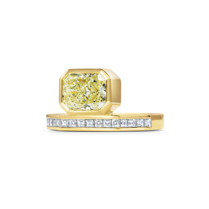 2.0CT Fancy Yellow Radiant East-West Bezel Setting Unique Lab Grown Engagement Ring