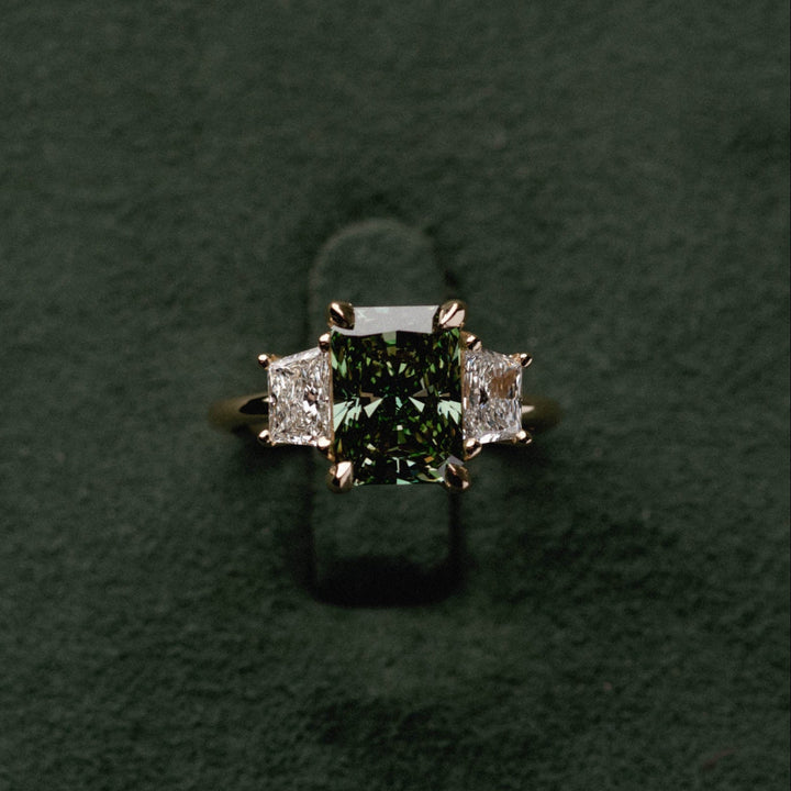 3.0CT Fancy Green Radiant Diamond Three Stone Lab Grown Engagement Ring