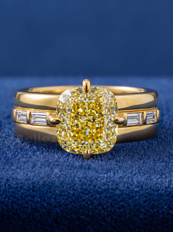 1.50CT Fancy Yellow Cushion Cut Unique Pave Setting Wide Band Lab Grown Ring