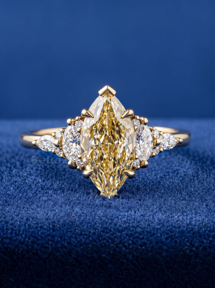 2.0CT Marquise Cut Fancy Light Yellow Cluster Setting Lab Grown Engagement Ring
