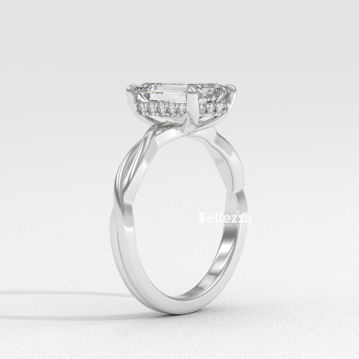 2.0-3.0CT Emerald Cut Twisted Hidden Halo Lab Grown Engagement Ring