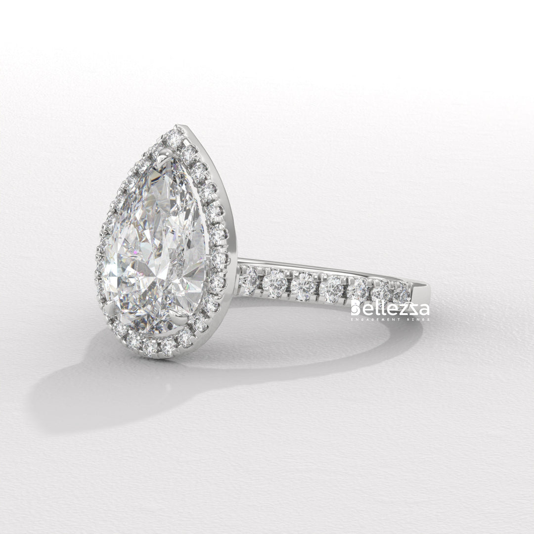 1.50-2.50CT Pear Cut CVD Diamond Halo Pave Setting Engagement Ring