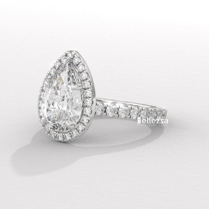 1.50-2.50CT Pear Cut CVD Diamond Halo Pave Setting Engagement Ring