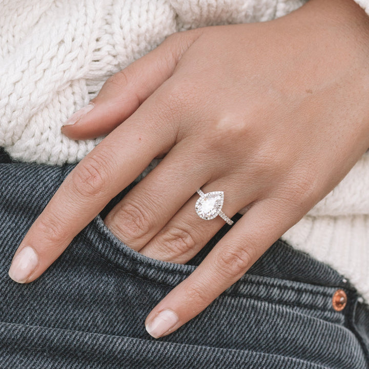 1.93CT Pear Cut Shaped Cathedral Halo Moissanite Engagement Ring