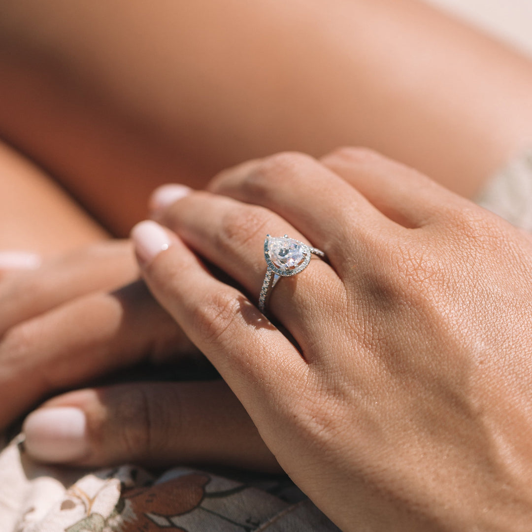 1.93CT Pear Cut Shaped Cathedral Halo Moissanite Engagement Ring