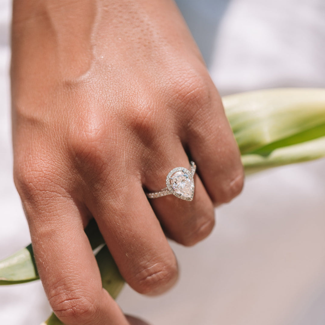 1.93CT Pear Cut Shaped Cathedral Halo Moissanite Engagement Ring