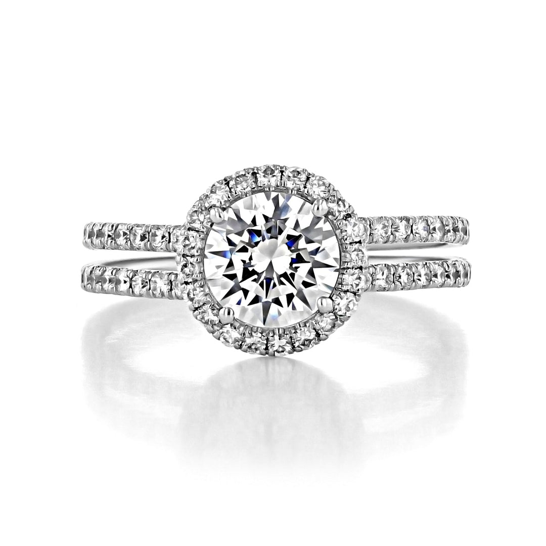 1.0ct Round Cut Halo Double Shank Moissanite Engagement Ring