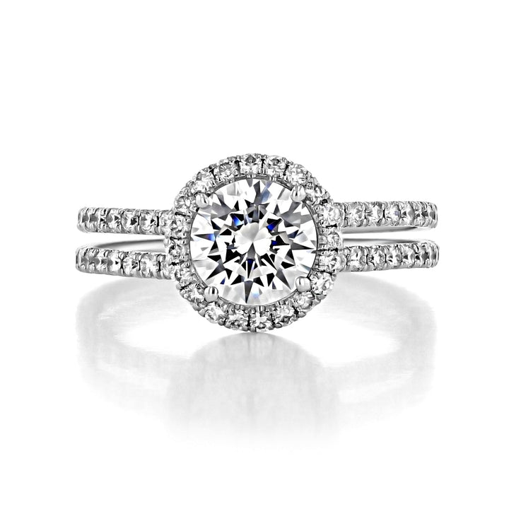 1.0ct Round Cut Halo Double Shank Moissanite Engagement Ring