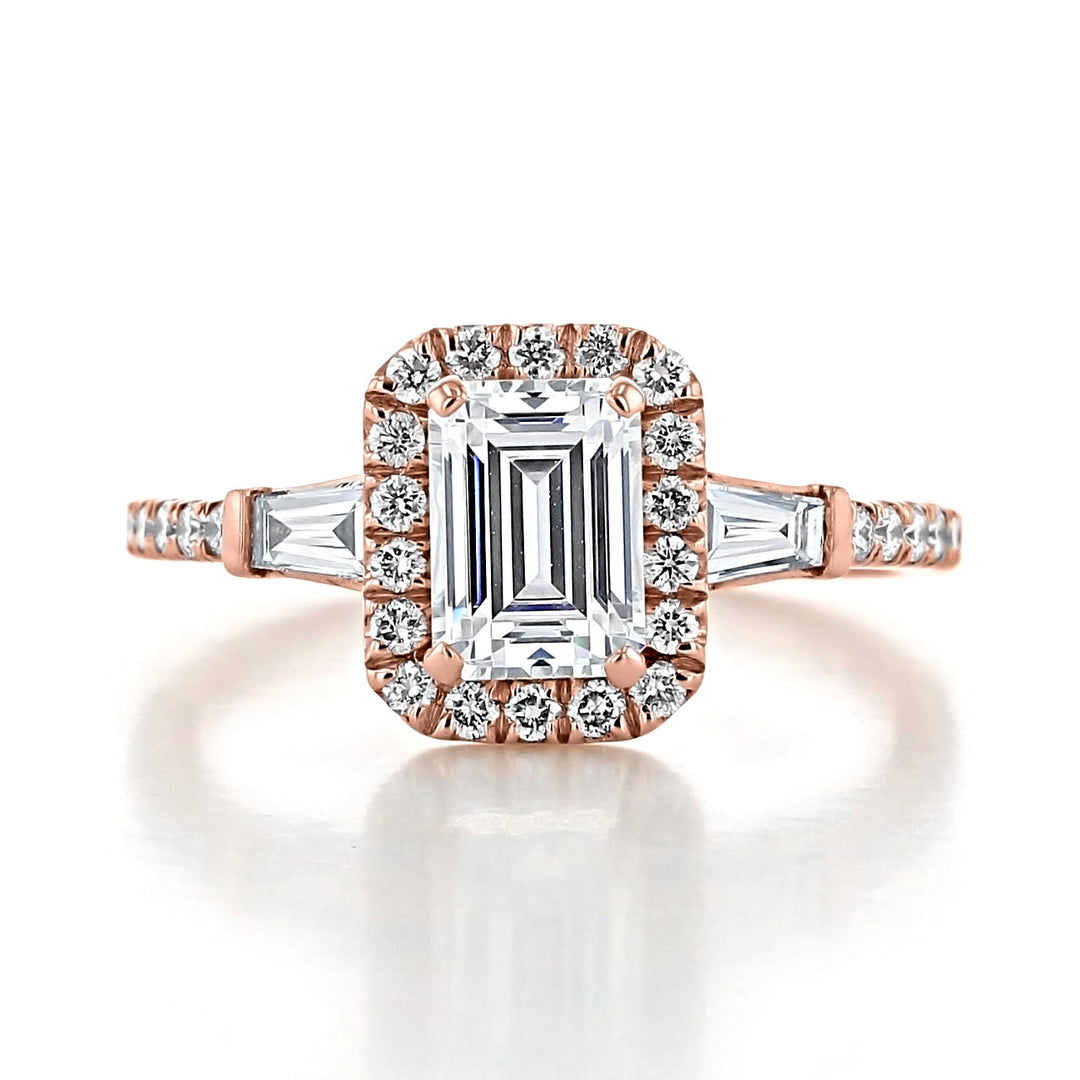 1.60 ct Emerald cut Halo Moissanite Engagement Ring