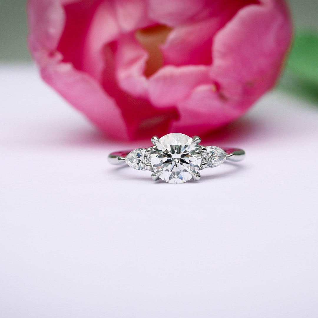 2.0CT Round & Pear Cut Moissanite 3 Stone Engagement Ring