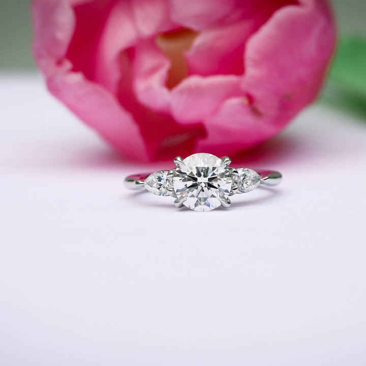 2.0CT Round & Pear Cut Moissanite 3 Stone Engagement Ring
