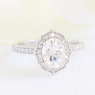 Oval Cut Floral Moissanite Ring With Bezel Diamond Band Ring