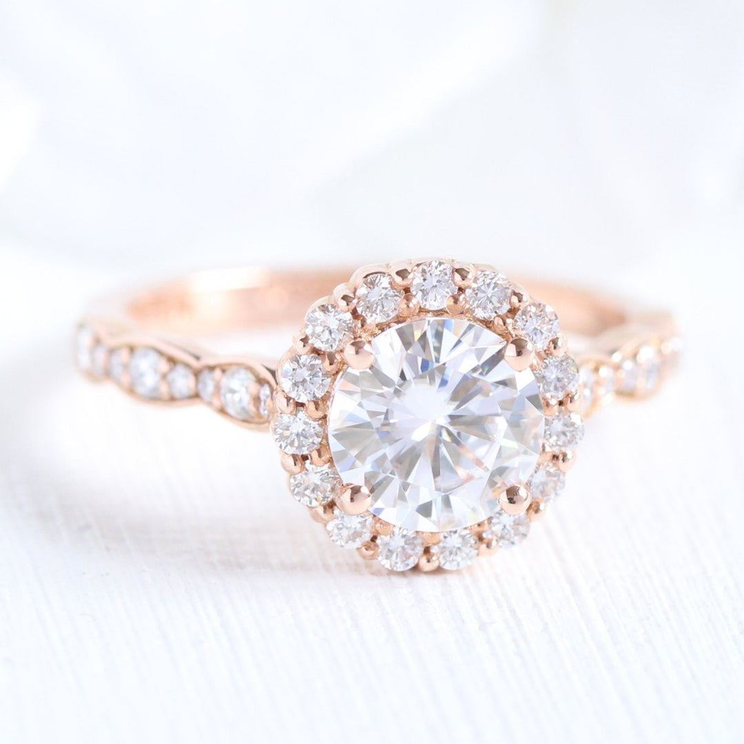 Round Cut Moissanite Ring With Halo Diamond Band