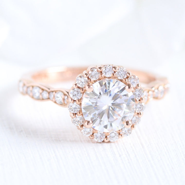 Round Cut Moissanite Ring With Halo Diamond Band