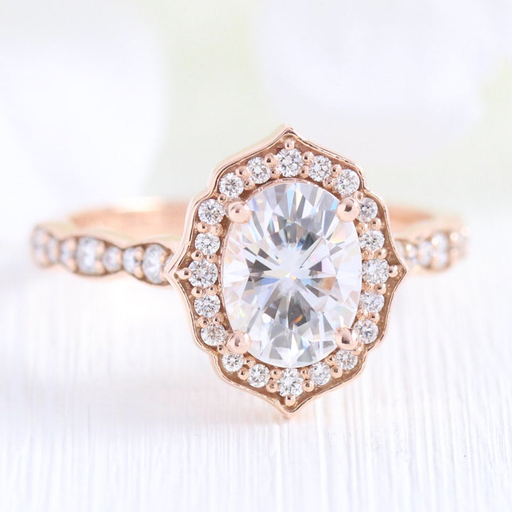 Oval cut moissanite with halo bridal band set 14k in rose gold