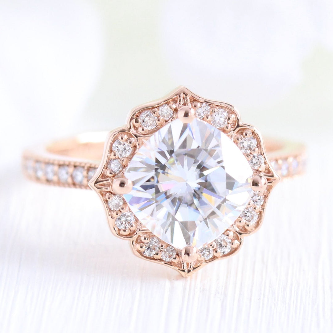 Cushion cut moissanite with bridal band set 14k in rose gold
